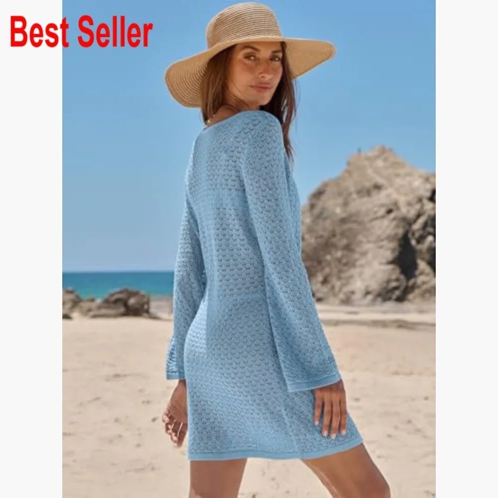 Crochet Mesh Knit Swimsuit Cover Up Dress with V-Neck and Long Sleeves
